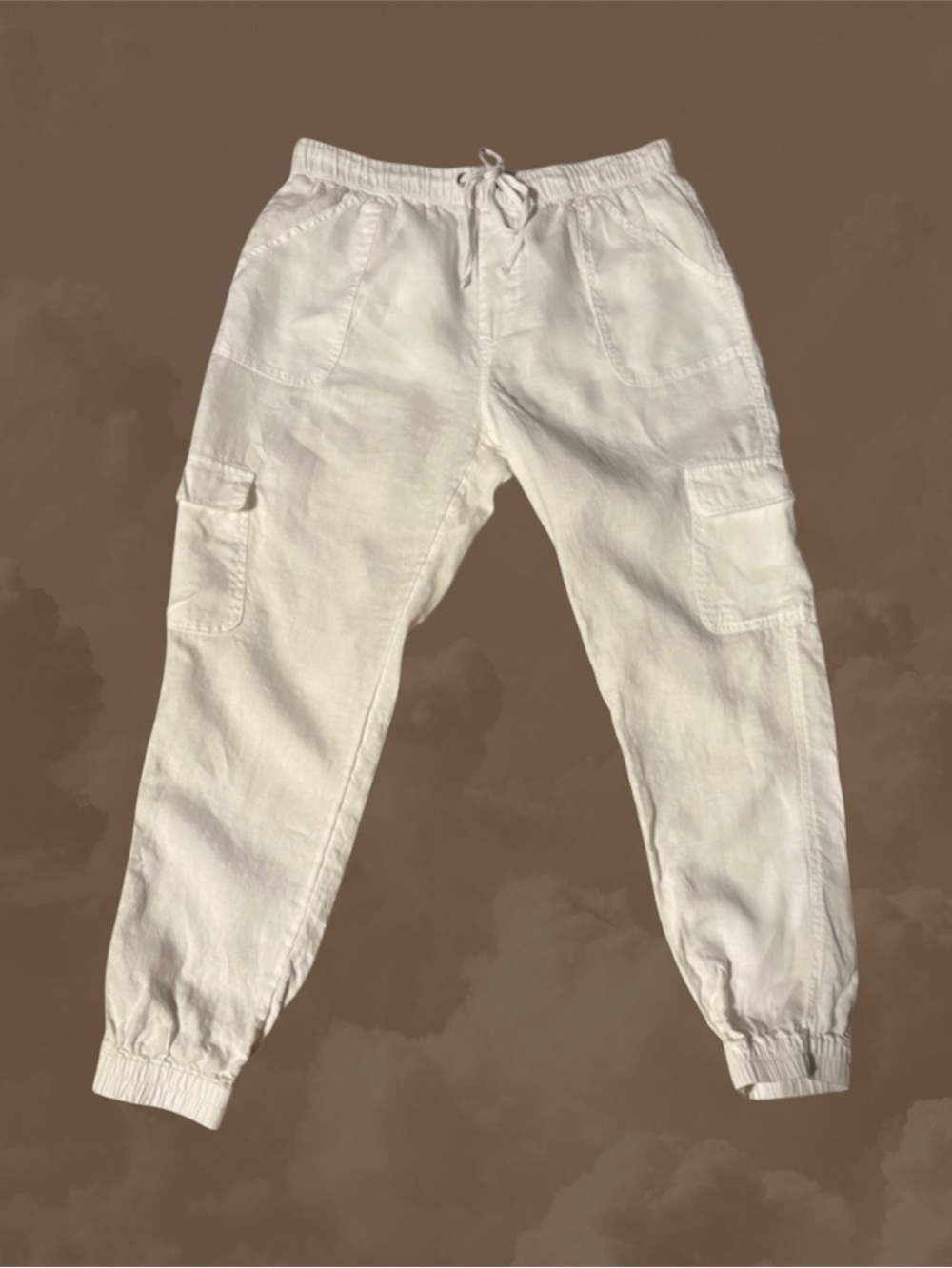 🔥Nicole Miller New York 100% Linen White Cargo Jogger Pants Size L, EUC